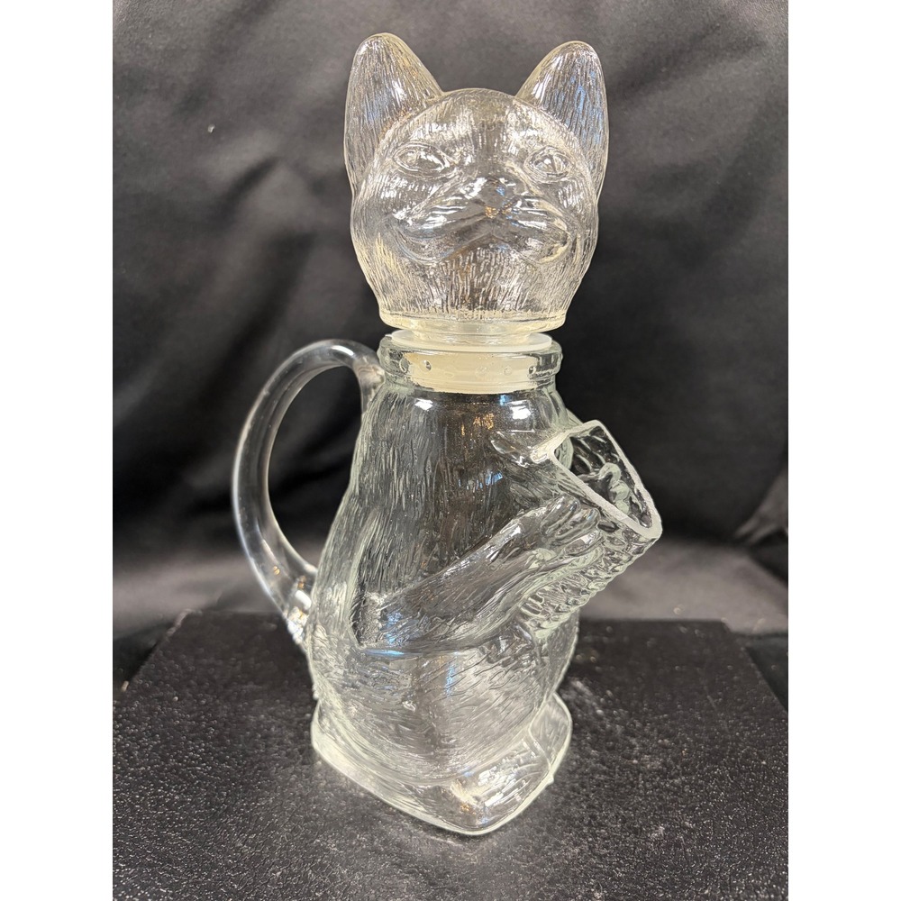 Vintage Clear Pressed Glass Cat Pitcher Cruet with Head Stopper Textured 9.5"